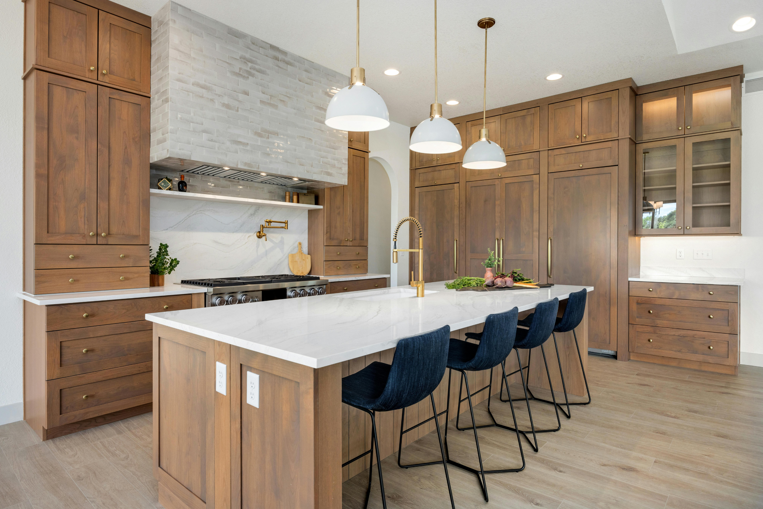 Quartz countertop samples and backsplash boards in showroom